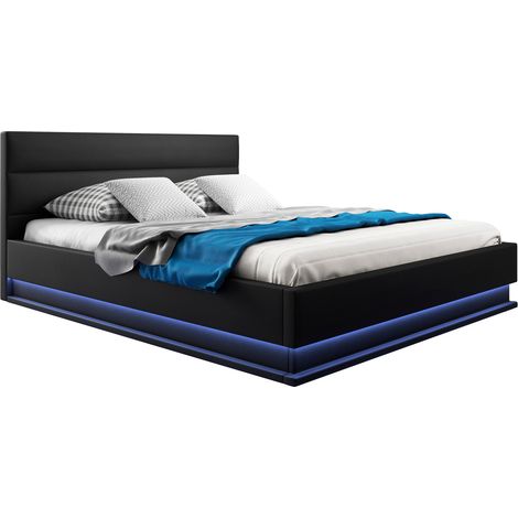 Cama Canapé de matrimonio  Cama doble con Cabecero y Canapé LED  Somier lamas  Negro  Madera y polipiel  Modelo Nitas  Para Colchón 150x190