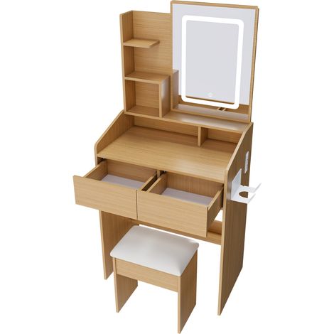 Coiffeuse avec miroir éclairé LED, prise de courant, support pour sèche-cheveux et tabouret rembourré – table compacte en bois pour petites chambres, appartements et résidences étudiantes. Dimensions: