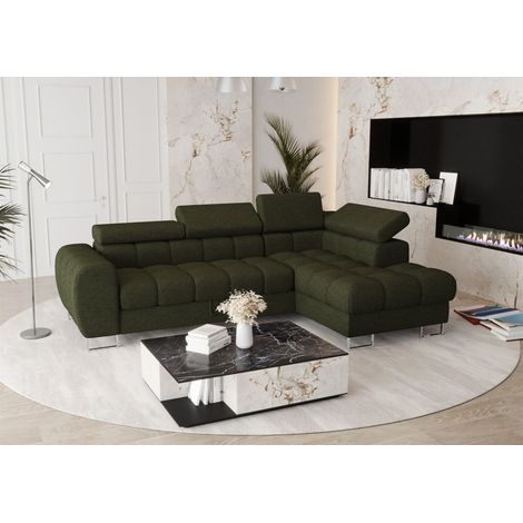 Ecksofa Schlafsofa BASTIEN in Stoff Aragon Grün Ottomane Rechts