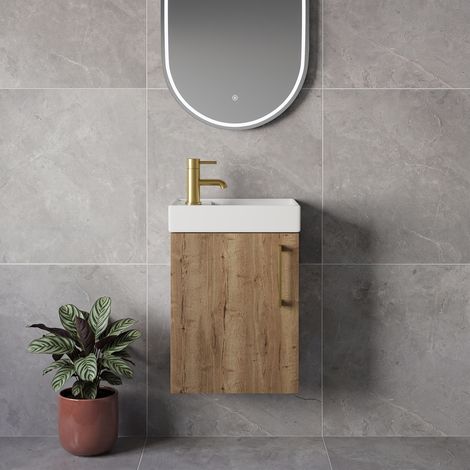 Napoli Cube Tobacco Oak 400mm Wall Mounted Single Door Vanity Unit with Align Basin - 400mm - Brushed Brass 160mm Handle