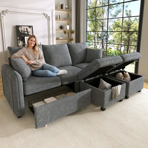 Multifunktionale Ecksofa U-Form-Dreisitzer Polster-Sofa mit Staufunktion – Inklusive Schubladen + Hocker mit Staufach, modular zerlegbares Sofa-Set mit Schlaffunktion, Chenille-Bezug