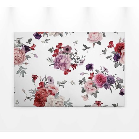 Tableau à fleurs roses violettes & rouges sur fond blanc | Tableau sur toile idéal salon & cuisine | Tableau fleuri pour bureau 0,9 x 0,6 m (1/5)