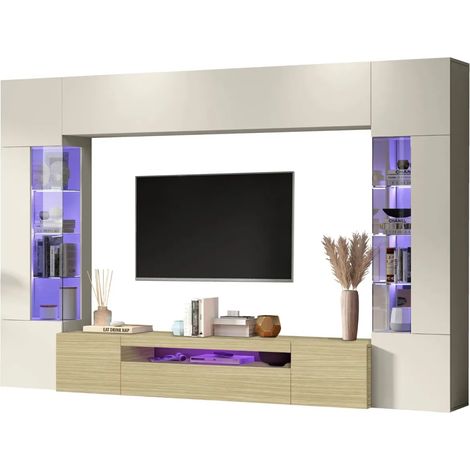Parete Attrezzata 2 Vetrine Porta TV Libreria Beige Rovere Soggiorno (1/4)
