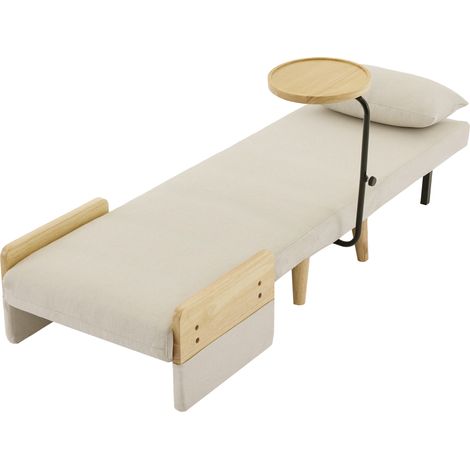 Poltrona letto 3 in 1 in lino beige con vassoio girevole, poggiatesta e gambe in legno (1/5)