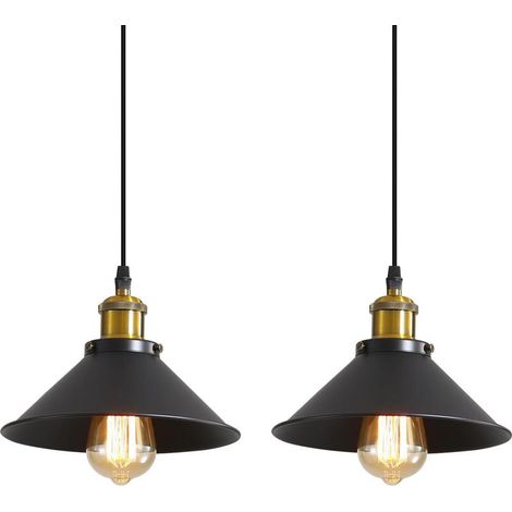 Plafonnier Industriel 2 Lampes Suspension Rétro - Métal Noir - Douilles E27 - Ø22cm - Câble Réglable 100cm - Pour Salon/Chambre/Cuisine (Sans Ampoules) (1/5)