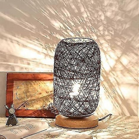 Lampe de chevet moderne en bambou et rotin - Lampe de table moderne et créative avec base en bois - Décoration personnalisée - Lampe LED à intensité variable - Lampe de chevet pour L (1/5)