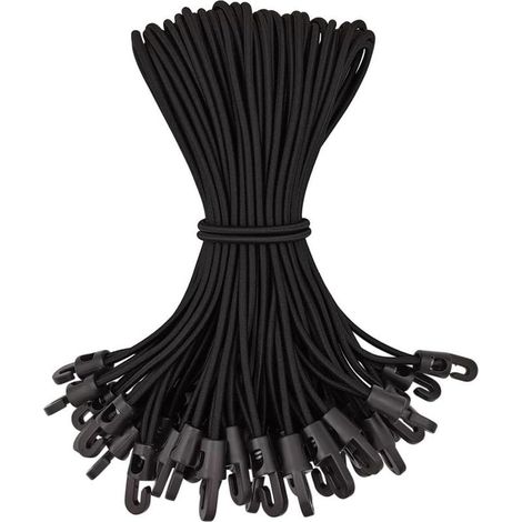 Pack of 50 elastic bungee cords, 25 cm – Plastic hooks for tarpaulins – Weather-resistant rubber – For camping and garden use (1/5)