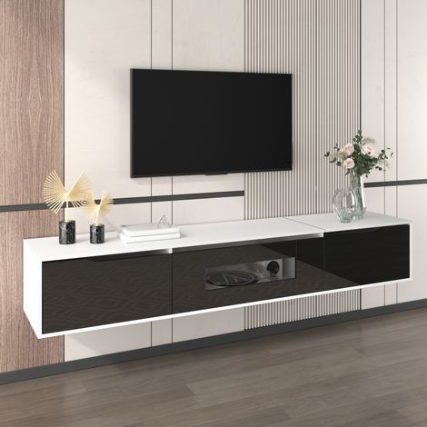Mueble TV 180x35x30cm diseño moderno lacado brillo tablero de partículas iluminación LED 16 colores color negro y blanco (1/5)
