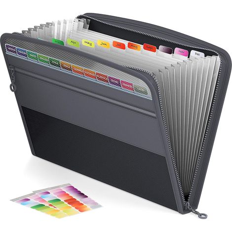 Classeur extensible à fermeture éclair, 13 poches, accordéon, avec étiquettes adhésives et pochette avant pour format A4/Lettre (gris) - 1 paquet (1/3)