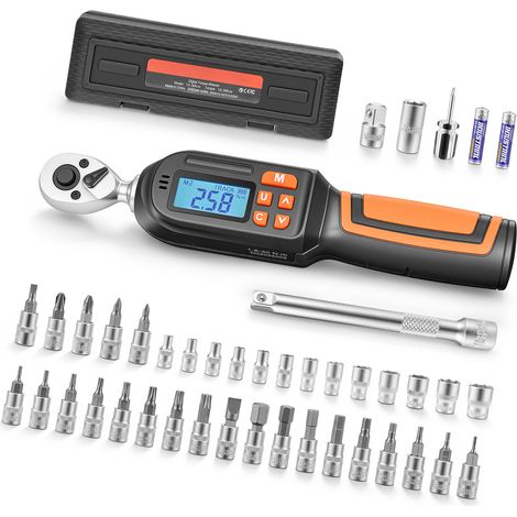 Mophorn Llave dinamométrica 1/4" con pantalla LCD, kit de 42 piezas, precisión ±2%, 4 unidades de medida, incluye puntas, barra de extensión y adaptador (1/5)