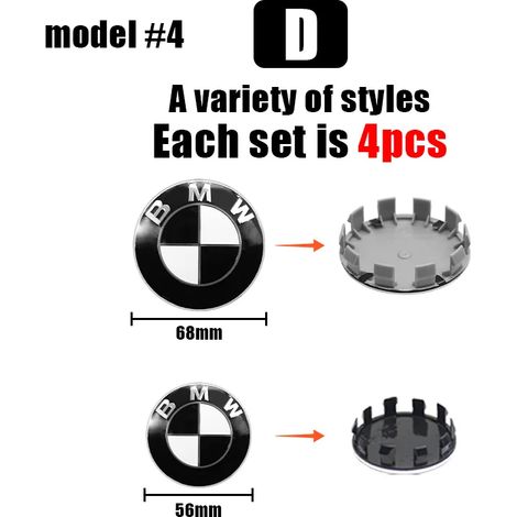 (BMW Modèle D, 4 pièces 56 mm YT) - 4 enjoliveurs centraux de roue BMW 68 mm et 56 mm compatibles avec les modèles BMW M E46, E90, E30, F10, F30, X5, X3, E39, F25, E60, E91 et E87. Accessoires auto (1/5)
