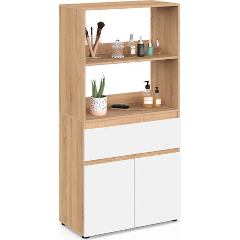 Meuble armoire salle de bain TOMI 2 portes et 1 tiroir avec étagères façon hêtre et blanc (1/5)
