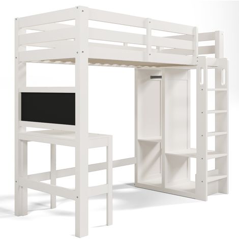 (=AB30624901W) Lit mezzanine pour enfant avec bureau, armoire ouverte et étagères, lit enfant avec sommier à lattes et barrière antichute, lit simple, surface de couchage 90x200cm, blanc (sans matelas (1/5)