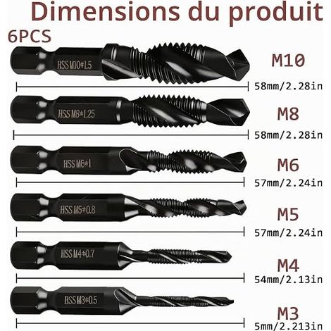 Kit de Forets Taraudeurs, Combinés M3 x 0,5 M4 x 0,7 M5 x 0,8 M6 x 1,0 M8 x 1,25 M10 x 1,5 - kit taraudage avec Tige Hexagonale de 6 mm, pour Perçage et Taraudage Simul (1/4)
