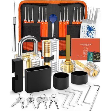 30-teiliges Schlossöffnungsset + 4-teiliges Set, 30-teiliges Schlossöffnungsset, Trainingswerkzeug mit 4 transparenten Vorhängeschlössern, für Anfänger und professionelle Schlosser (1/5)