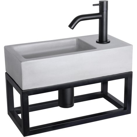 Differnz Ravo kit lave-mains - 38.5x18.5x25cm - Rectangulaire - 1 trou de robinet - Robinet courbé noir mat - avec cadre noir - béton gris clair (1/5)