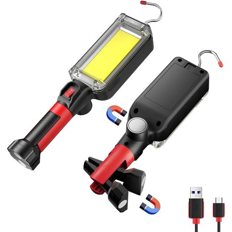 Lumière de travail rechargeable COB LED - Lumière de trouble mains libres magnétique avec crochet rotatif à 360 °, lumière à goutte imperméable IPX4 pour réparation de garage