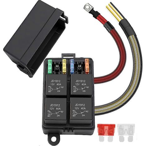 Boîtier de fusibles et relais 4 voies 12 V, contenant 4 relais et 4 fusibles à lames ATC/ATO. Boîtier universel compatible avec automobiles, camions, navires, etc. (1/5)