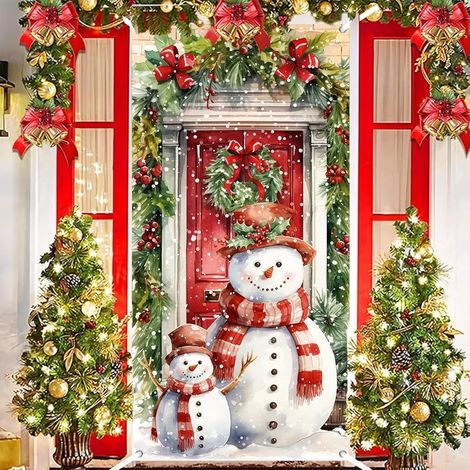 Couverture de Porte de Bonhomme de Neige Noël, Décoration Noël Rouge Vert Couverture de Porte d'Entrée Bannière Suspendue Toile de Fond, Décoration de Porte Noël Extérieure pour Fête Noël 90x180cm (1/5)