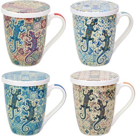 Set de 4 tazas de té con filtro de porcelana lagartos mosaico
