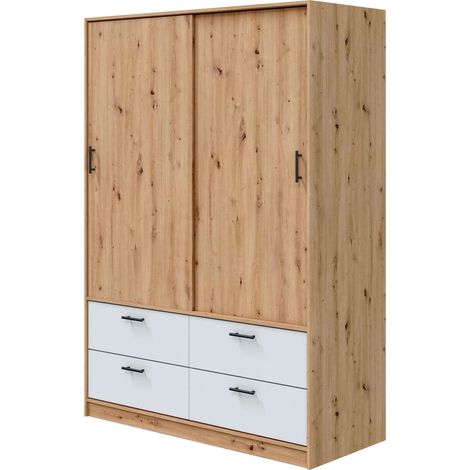 Armario 2 Puertas Correderas y 4 Cajones Lúmina Dormitorio o Habitación Blanco Artik y Roble Nodi 140x200x60 cm