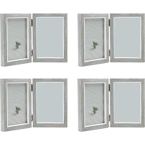 4X Cadre Photo Double 4X6 Pouces Cadres Photo Gris Rustique en Bois Articulé Pliant, Cadeaux de Mariage, Cadeau de Fête des Pères de Mère
