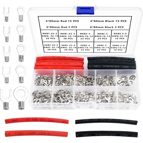 356 Pièces M3/M4/M5/M6 Connecteurs à Sertir Électriques Non Isolés Kit, Cosses de Fil de Cuivre Étamé, Cosses Sertir a Oeil à Anneau Fourche, avec Tube Thermorétractable, AWG 22-16 16-14 14-12 (1/5)