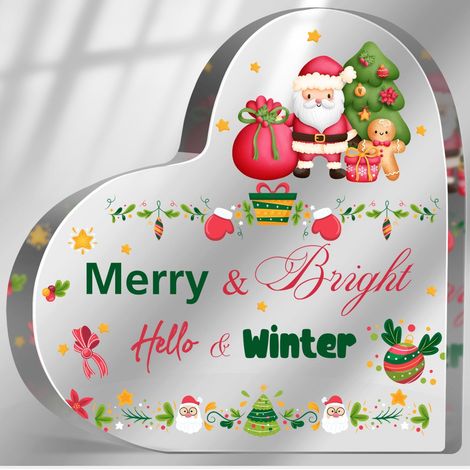 Décoration de table Noël rouge en acrylique forme cœur Pancarte festive « Joyeux & Lumineux, Bienvenue l'hiver » (1/5)