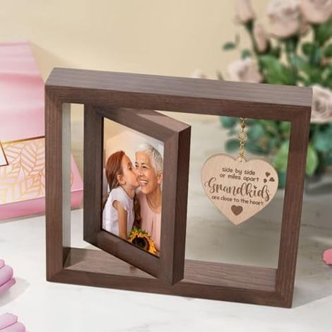 Cadre Photo Pivotant - 4x6 Pouces - Pour Grand-mère - En Bois Rustique Blanc - Avec Ornement Cœur En Hêtre - Affichage Double Face - 1 Pièce (1/5)