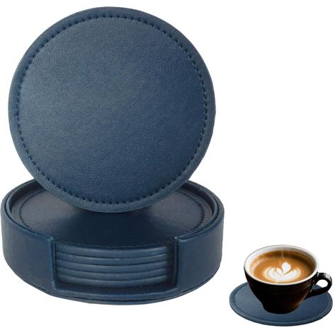6 sottobicchieri in pelle blu navy con 1 porta tazza, ideali come regalo per l'inaugurazione della casa. (1/5)