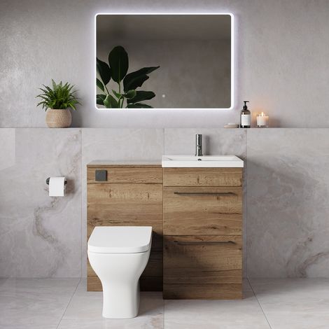 Napoli 390 Tobacco Oak 1000mm 2 Drawer Vanity Unit Toilet Suite with Glide Basin - 1000mm - Gunmetal Grey 320mm HandleWith Kingston Toilet Pan and Seat