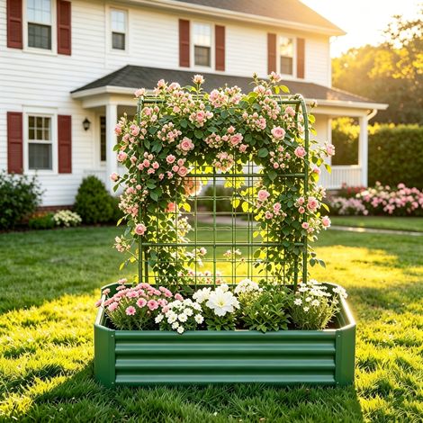 Jardinera elevada 120 x 60 x 150 cm para verduras, hierbas y flores, metal verde (1/5)