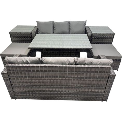 Fimous 8 Seat Outdoor Wicker PE Rattan Garden Furniture Set Dining Table Sofa Set with 2 Big Stool 2 Side Tables Dark Grey Mixed (1/5)