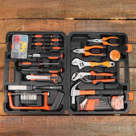 100-teiliges Set Schraubenschlüssel, Bits, Zangen, Reparaturwerkzeug-Set mit Aufbewahrungskoffer (1/5)