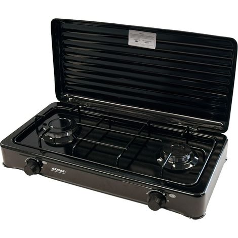 MPM KN-02/1KB Cocina Gas Portátil Camping, 2 Quemadores, Rejilla Esmaltada, Tapa Protectora, Normativa G30-37 mbar  Negro (1/3)
