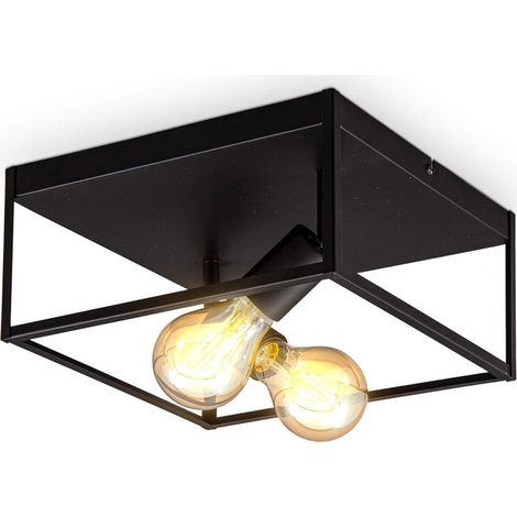 plafonnier cage métal noir,pour 2 ampoules E27 de max 60W,ampoules non incluses,éclairage plafond vintage entrée,couloir,chambres IP20 (1/4)