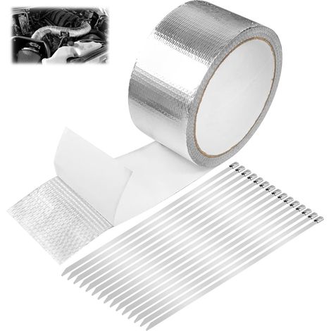 1 Rouleau Bande Thermique Echappement 10 m x 5 cm,Ruban Adhésif En Aluminium,Autocollant Avec 15 Serre-Câbles En Acier Inoxydable pour Collecteur D'échappement de Voiture et Moto (Argent) (1/5)
