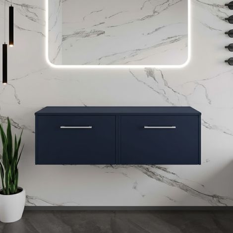 Hudson Reed Juno Wall Hung 2-Drawer Vanity Unit with Worktop 1200mm Wide - Midnight Blue (1/4)