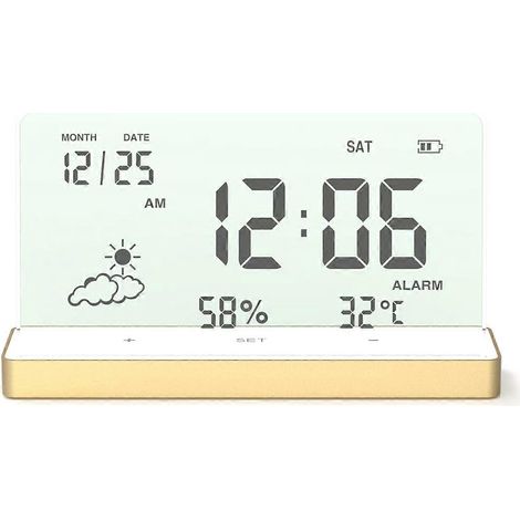 Transparente Digitaluhr mit großem Display und Standfuß zur Anzeige von Temperatur, Luftfeuchtigkeit und Datum. Elektronische Tischuhr. (1/5)