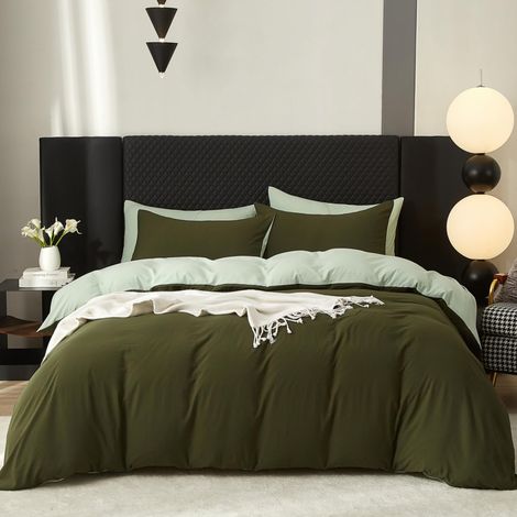 Parure de lit en coton 135 x 200 cm Vert Vert olive Gris 4 pièces Couleur unie Uni Lit double Doux Réversible Housse de couette 135 x 200 cm et 2 taies (1/5)