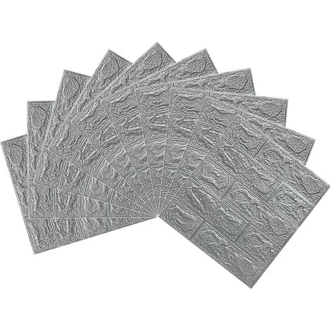 Lot de 10 stickers muraux 3D effet brique - Gris argenté - Hauteur 38,5 cm x Largeur 35 cm x Épaisseur 3 mm