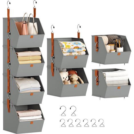 Organisateur de Placard Suspendu 4 Niveaux Gris – Étagères Suspendues pour Vêtements, Rangement Pratique avec Bacs en Tissu Pliables, Idéal Chambre, Dressing, Dortoir et Camping-car (1/5)