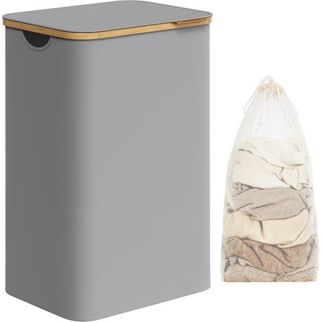 Panier à linge mince avec couvercle 65 litres gain de place doublure en maille amovible tissu oxford poignées en bambou pliable gris (1/3)