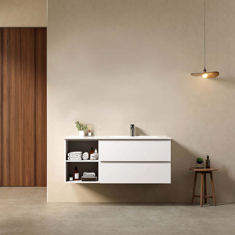 Mobile bagno sospeso 120 cm Bianco Lavabo a Destra in Ceramica Senza Specchio - Fiji Paint Plus (1/4)