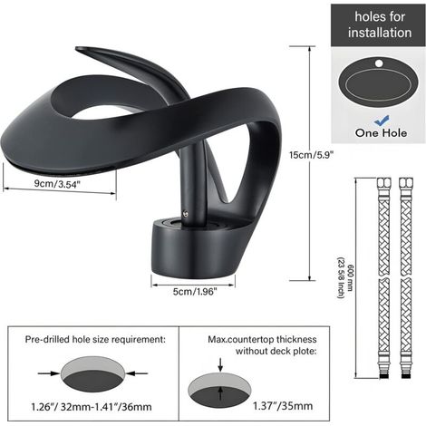 Robinet mélangeur levier unique noir – Laiton durable – Orifice cascade – Montage trou unique – Parfait pour vasque à poser, plan épais ou meuble design