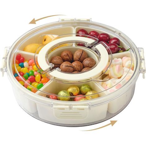 Snack Box Ronde,Boîte à Goûter Avec Compartiments,Plateau de Service Divisé Avec Couvercle et Poignée,Bol à Collation Rotatif,Pour Collations,Noix,Fruits (1/5)