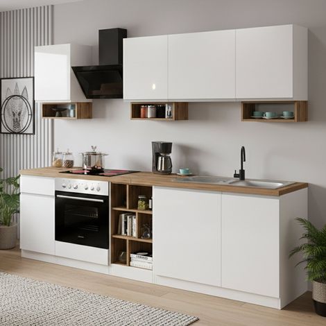 Dmora - Cucina completa Attimis, Set con dispensa, Mobile per cucinotto, Kit blocco lineare, 100% Made in Italy, 255x60h85 cm, Bianco lucido e Rovere