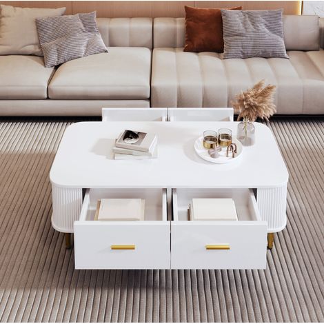 Tavolino da salotto 105x51x38 cm bianco in MDF con 4 cassetti, angoli arrotondati e dettagli dorati (1/5)