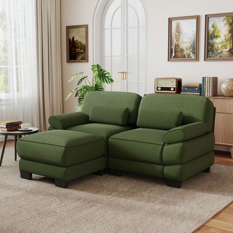 Sofá modular de 2 plazas en L con puf, pana verde, 194 x 161 x 94 cm REDOM (1/5)
