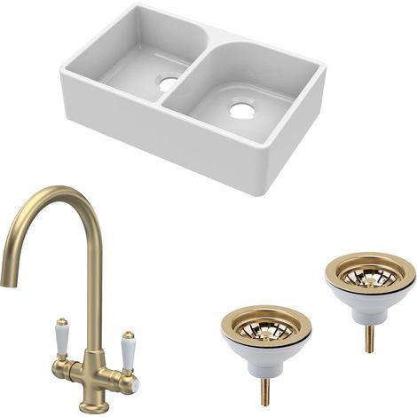 Fireclay Kitchen Bundle -  2 Bowl Full Weir Butler Sink No Overflow with Waste & Lever Tap, 795mm - Brushed Brass